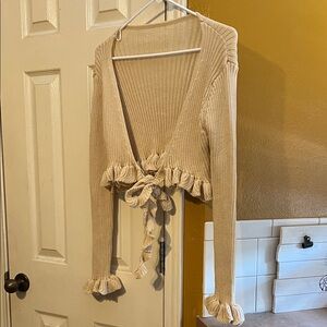 Cream Ruffle Tie-Front Sweater